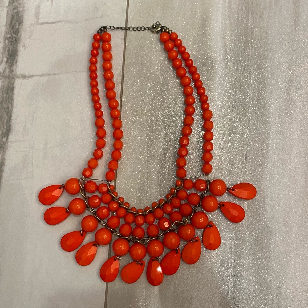 Vintage Early 2000s Vibrant Orange Composite Beaded Statement Bib Necklace